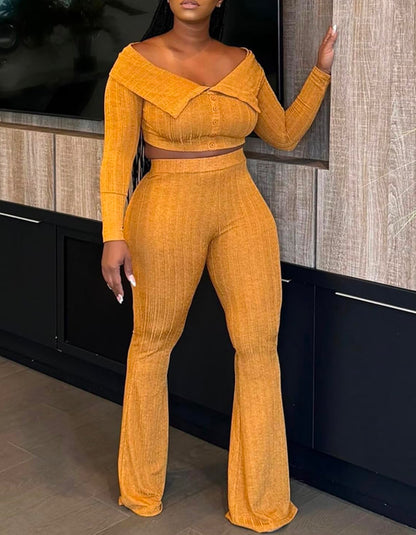 Women Sexy 2 Piece Outfits Sets off Shoulder Long Sleeve Crop Tops Wide Leg Long Flared Pants Jumpsuit Clubwear