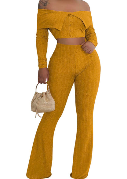 Women Sexy 2 Piece Outfits Sets off Shoulder Long Sleeve Crop Tops Wide Leg Long Flared Pants Jumpsuit Clubwear