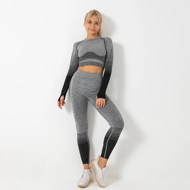 Seamless Ombre Long Sleeve Yoga Set: Women's High-Waisted Fitness Suit